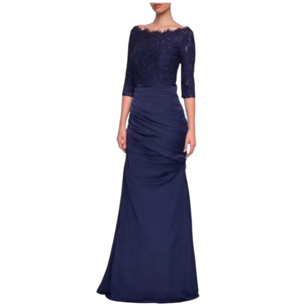 NWT La Femme Sparkle‎ Lace Trumpet Gown Navy Blue Style # WD83 Size 16